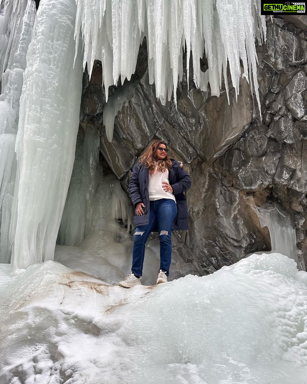Madhu Sharma Instagram - Frozen waterfalls are truly a sight to behold! The intricate beauty of frozen waterfalls can be mesmerizing, with delicate icicles and sparkling frozen formations creating a stunning natural sculpture #frozenwaterfall #leh #ladakh #lamayuru #moonland #explorepage✨ #exploreindia #explore Ladakh, India