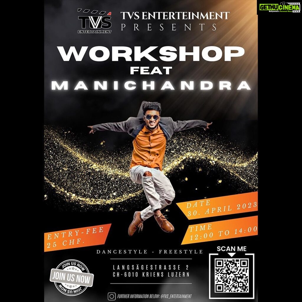 Mani Chandra Instagram - TVS Entertainment is excited to announce the first ever Dance Workshop in Switzerland with the one and only @manichandra_official 🔥💥 So don't miss this chance!! 💫 📆 Date: 30/04/2023 🕛 Time: 12.00 to 14.00 📍 Place: Langsägestrasse 2, 6010 Kriens (Luzern) To take part, kindly apply with the link in bio 🙌🏾 So guuuys, come let's dance together 💃🏽🕺🏾 Luzern, Switzerland