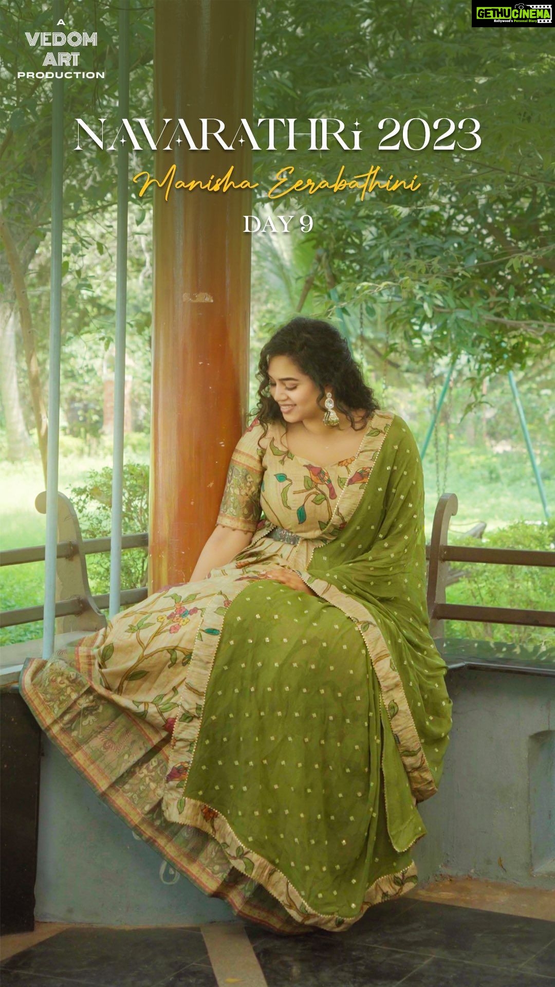 Manisha Eerabathini Instagram - Navarathri Day 9 💚 This last song highlights the lasting love between grandparents - the kind that’s seen it all! With this Navarathri series, I wanted to differentiate the subtleties between each kind of love within the same big family through a set of similar yet different original songs (loosely inspired by a ragamalika) Huge thanks to @vedom.art and the team for helping me bring this to life! A @vedom.art production Concept, Direction & Vocals: @manisha.eerabathini Music: @iamarjunumashankar Lyrics: @sataghni_official Video & DI: @_vinodvincent Edit: @maruthi_editor Casting: @mediahireindia @manibhamaklk @mohansivalenka3358 @swethanjali666 @smily_sanvika @sarkar_khathri Manisha’s outfit: @fleecee_couture Manisha’s Jewelry: @petalsbyswathi Manisha’s Makeup: @miras.artistry @firstfoundationpro @bookingmyna Posters: @mr_baatasari Special thanks @eptworld Hyderabad
