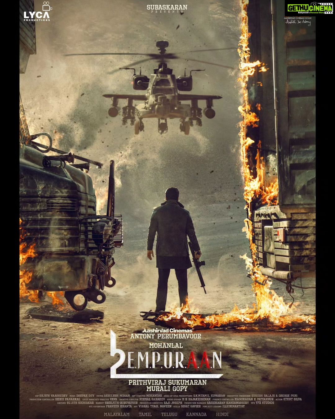 Manju Warrier Instagram - #L2E #Empuraan #Firstlook Malayalam | Tamil | Telugu | Kannada | Hindi @empuraanmovie @mohanlal @therealprithvi @muraligopynsta @lycaproductions #Subaskaran #GKMTamilKumaran @antonyperumbavoor @aashirvadcine @prithvirajproductions #SureshBalaje @pius4246 @tovinothomas @indrajith_s @_saniya_iyappan_ @deepakdevofficial @sujithvaassudev @nsahadev @vavanujumudeen @mohandas_art_director @akhileshmohan @sidhupanakkal @rajakrishnan_mr @itssujithsudhakaran @sreejithguruvayur @sinat_savier @silva_stunt @anand_rajendran_ar @illuminartist_dzns @poffactio #L2E1stLook #Empuraan