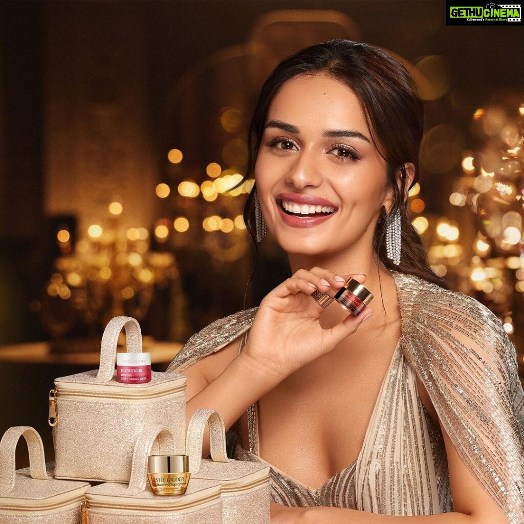 Manushi Chhillar Instagram - Wishing everyone a very #HappyDiwali 🪔✨ Make your celebrations grand and your glow up grandeur, this festive season – with the best of skincare, makeup and fragrances that your skin will love!❤️ Shop and avail a bestseller 4-piece gift including the limited edition festive pouch 😍🛍️ #EsteeLauder #EsteeLauderIndia #TheLightInYou #Diwali2023 #FestiveGifts