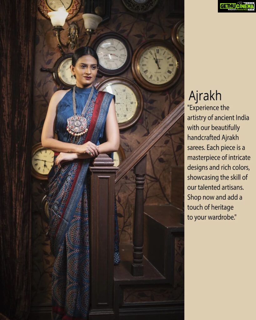 Maulika Patel Instagram - "Unleash the allure of Ajrakh with our breathtaking sarees, designed to mesmerize and elevate your style. Made with utmost precision and care, our Ajrakh sarees are an ode to the rich cultural heritage of India. Model :- @maulikapatel Photography:- @zenithbanker_photography #AjrakhSaree #handloom #artisancrafted #heritagefashion #handicraft #handmade #ajrakh #saree #indianlook #ethnicwear