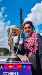Meena Instagram - 🏆🌟 An immense honour to stand as the very first Indian actor to officially launch and unveil the coveted Cricket World Cup 2023 Trophy. 

@icc @france_cricket @cricketworldcup
Outfit @nischalareddykids
Makeup @madushamakeup

#CricketWorldCup2023 #ProudMoment #HistoricUnveiling #honoured #reels #bts #icc #cricket