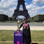 Meena Instagram - Truly honoured to be the first Indian actor to Officially Launch and Unveil the Cricket World Cup 2023 Trophy 🏆 @icc @france_cricket @cricketworldcup Outfit @nischalareddykids Makeup @madushamakeup #icc #cricket #worldcup #meenasagar