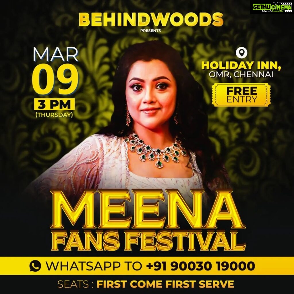 Meena Instagram - #Meena Fans Festival 😍 March 9(Thursday 3pm ) Free Entry🥳 WhatsApp For Tickets : +91 90030 19000 📍: Holiday Inn, OMR, Chennai @meenasagar16