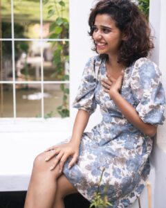 Meenakshi Raveendran Instagram - Meenakshi wearing printed Mini Dress from Aurora collection 🦋🤍
📸 @premsampaul 
DM for Orders!!