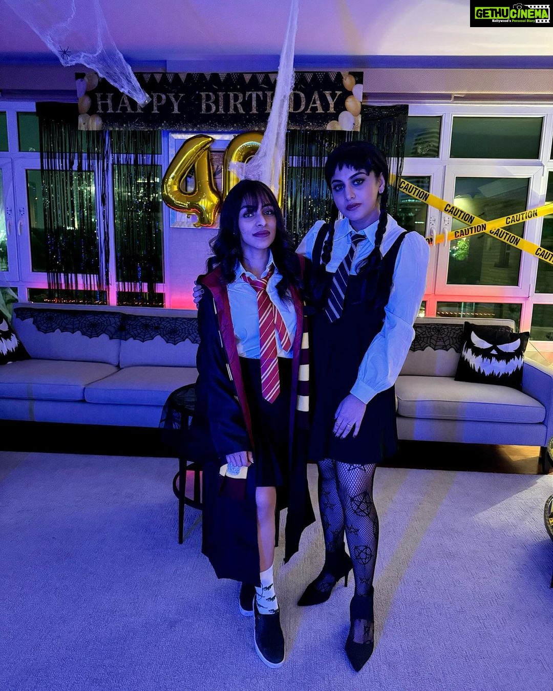 Meera Nandan Instagram - When I decided to be Wednesday on a Saturday #halloweening #suji’s40th #happybirthday #bestie #wednesday #wednesdayaddams #saturdaynight Dubai, United Arab Emirates