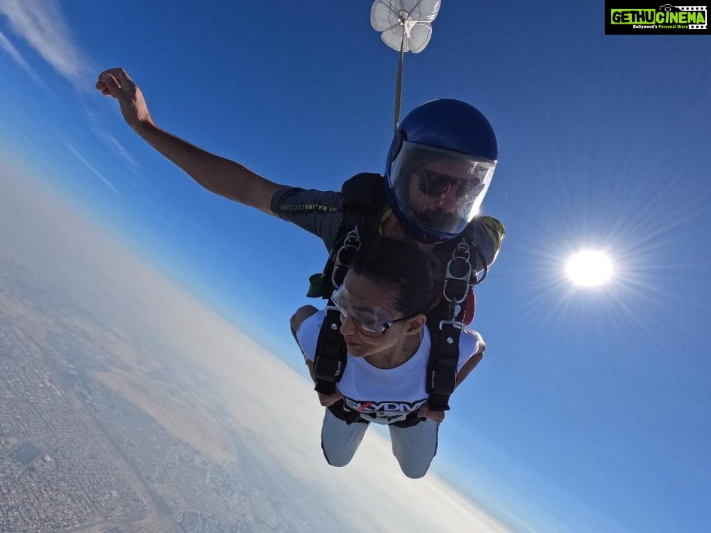 Mimi Chakraborty Instagram - Living the bucket list🌤️ And definitely thanks to my amazing trainer Max for making this happen 🌟@skydivedubai