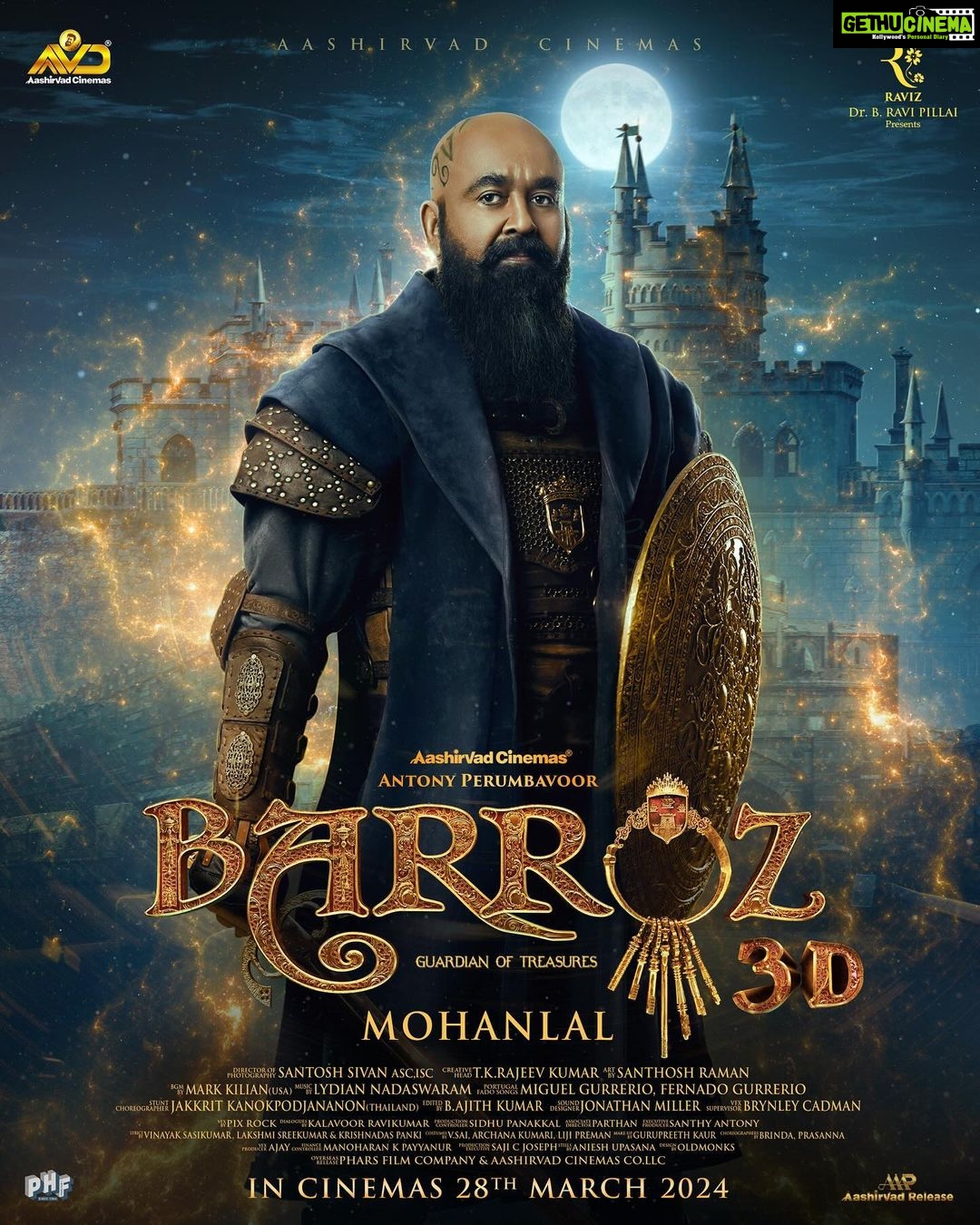 Mohanlal Instagram - Here's an official announcement to mark your calendars – "Barroz" is coming to cinemas on 28th March 2024! Don't miss out on what's next. #BarrozOnmarch28th @tkrajeevkumar @sivan_santosh @antonyperumbavoor @aashirvadcine @lydiannadhaswaram @maakalli @oldmonksdesign #MarkKilian #Barroz3D #Barroz