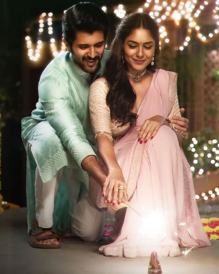 Mrunal Thakur Instagram - From our family to yours, शुभ दीपावली! ✨ To extend the festivities beyond this holiday season, first single of #FamilyStar is coming very soon. @thedeverakonda @parasurampetla #KUMohanan @gopisundar__official @srivenkateswaracreations @tseries.official @tseriessouthofficial