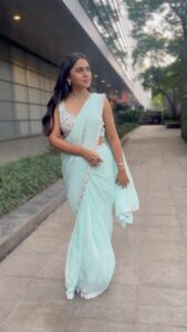 Mrunmayee Deshpande Instagram - Wrapped in timeless grace.🩵✨

Styled my fav @mrunmayeedeshpande
📸 -@saneshashank
Styling - @style_by_apurva
Outfit - @rangvarsha.pehenava
Jewellery- @shopswaabhi

#awardshow #anchor #photoshoot #styling #saree #instagram #instadaily #mariott #event #outfit #indian #trending #trendingreels #instareels #reelitfeelit #reelkarofeelkaro