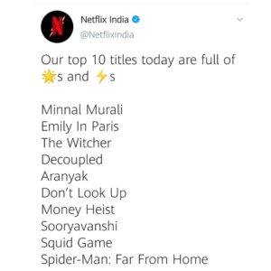 Murali Instagram - Minnal Murali on Top 10 @netflix_in 
Minnal Murali streaming on Netflix⚡️
#MinnalOnNetflix
#December2021Release

#MinnalMuraliOfficial #MinnalMuraliMovie #TovinoThomas #WeekendBlockbusters #SophiaPaul #BasilJoseph #GuruSomasundaram #VladRimburg #SameerThahir #ShaanRahman #ManuJagadh #SushinShyam #ManuManjith #ArunAnirudhan #JustinMathew #KevinPaul #CedinPaul #LivingstonMathew #AndrewDcrus #NixonGeorge #HassanVandoor #MelwyJ #DeepaliNoor #PrathoolNT #Pavisankar #UmeshRadhakrishnan #pradeepmenon