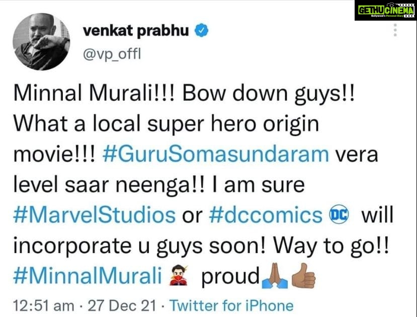 Murali Instagram - Thank you sir ❤@venkat_prabhu Minnal on Netflix⚡️ @netflix_in