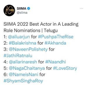 Naveen Instagram - Nominated for BEST ACTOR again this year. Last year it was for Agent. And this time for #JathiRatnalu. It was an honour to play Jogipet Srikanth. Or like he would say “it was Srikanth to play Jogipet your honour” 😂 The biggest award this film gave me is you guys ❤️ But this is for anyone who is told by their parents that they are too poor to follow big dreams of becoming a film hero:) Thank you @anudeep.film @nag_ashwin for trusting me with this role. Thank you @siimawards. Voting link in BIO #siima #siima2022 #JathiRatnalu