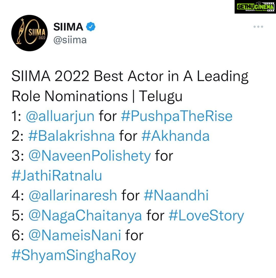Naveen - 108.3K Likes - Nominated for BEST ACTOR again this year. Last year it was for Agent. And this time for #JathiRatnalu. It was an honour to play Jogipet Srikanth. Or like he would say “it was Srikanth to play Jogipet your honour” 😂 The biggest award this film gave me is you guys ❤️ But this is for anyone who is told by their parents that they are too poor to follow big dreams of becoming a film hero:) Thank you @anudeep.film @nag_ashwin for trusting me with this role. Thank you @siimawards. Voting link in BIO #siima #siima2022 #JathiRatnalu