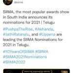 Naveen Instagram - Power of the audience. #JathiRatnalu is a film where our entire team are outsiders from average middle class families. For it to become a massive blockbuster and get 8 nominations! 🙏The real award is always the love you showed us but this also brings hope to middle class dreams ❤️ Congrats to everyone that worked on this film. Proud of you guys. And thanks to @anudeep.film @nag_ashwin @vyjayanthimovies @swapnacinema for trusting and betting on the talent in this team. May your tribe grow. May this film continue to spread joy and laughter. Voting link in bio. @siimawards #siima #siima2022