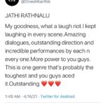 Naveen Instagram - Thank you so much @dk00019. Reading this felt like watching your Nidahas trophy last ball six. Goose pimples #JathiRatnalu #kkr