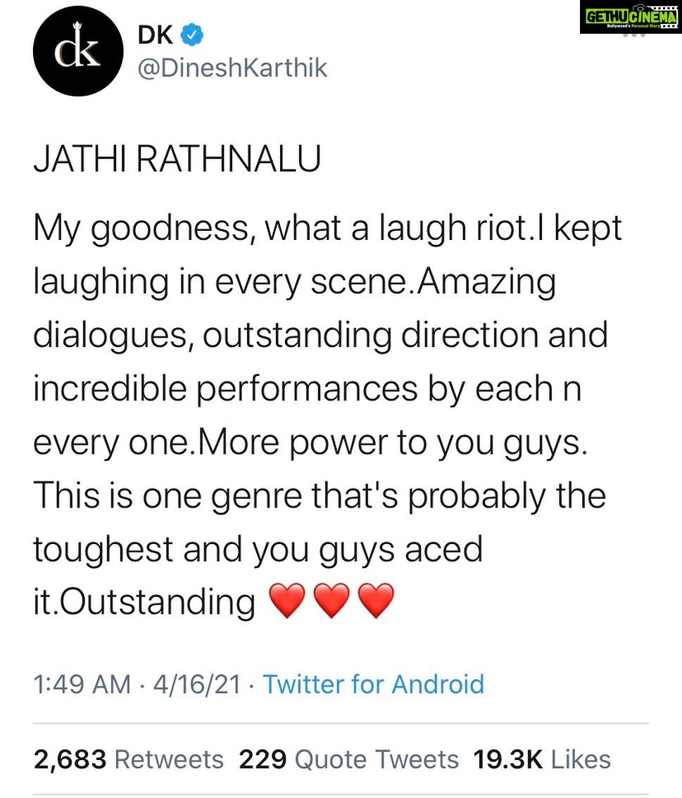Naveen - 120.3K Likes - Thank you so much @dk00019. Reading this felt like watching your Nidahas trophy last ball six. Goose pimples #JathiRatnalu #kkr
