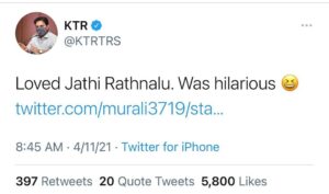 Naveen Instagram - Thank you sir @ktrtrs . So happy to see this #jathiratnalu