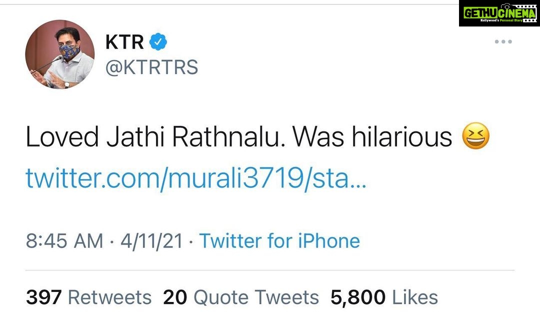 Naveen - 146.2K Likes - Thank you sir @ktrtrs . So happy to see this #jathiratnalu
