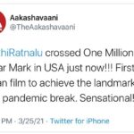 Naveen Instagram - #JathiRatnalu becomes the first Indian movie in the covid era to gross a million dollars at the American box office. With just 50 % occupancy allowed this is just an insane response. Touring America right now and meeting you guys has been the best million dollar experience of my life . Thank you for this blockbuster on behalf of our entire team :)