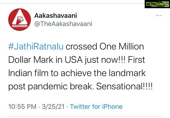 Naveen - 124.8K Likes - #JathiRatnalu becomes the first Indian movie in the covid era to gross a million dollars at the American box office. With just 50 % occupancy allowed this is just an insane response. Touring America right now and meeting you guys has been the best million dollar experience of my life . Thank you for this blockbuster on behalf of our entire team :)