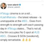 Naveen Instagram – Talk is shaking . Records are breaking . You guys are simply incredible #JathiRatnalu is on fire at the box office. All I can say is thank you . Thank you so much. So happy to see you guys laugh in these times . So happy to see housefuls in theatres after a long time . Golden days of cinema are here again 🔥🔥