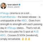 Naveen Instagram - Talk is shaking . Records are breaking . You guys are simply incredible #JathiRatnalu is on fire at the box office. All I can say is thank you . Thank you so much. So happy to see you guys laugh in these times . So happy to see housefuls in theatres after a long time . Golden days of cinema are here again 🔥🔥