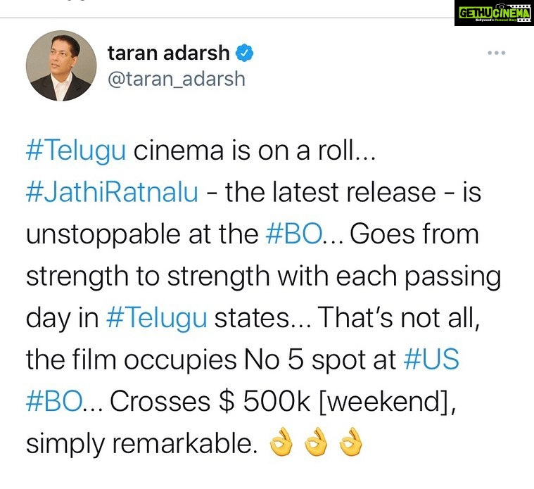 Naveen - 140.5K Likes - Talk is shaking . Records are breaking . You guys are simply incredible #JathiRatnalu is on fire at the box office. All I can say is thank you . Thank you so much. So happy to see you guys laugh in these times . So happy to see housefuls in theatres after a long time . Golden days of cinema are here again 🔥🔥