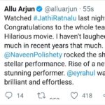 Naveen Instagram – Thank you so much @alluarjunonline Garu. So happy we could make you laugh. Your words mean a lot to me . Go watch with your family and friends this weekend . It’s madness in theatres right now #jathiratnalu