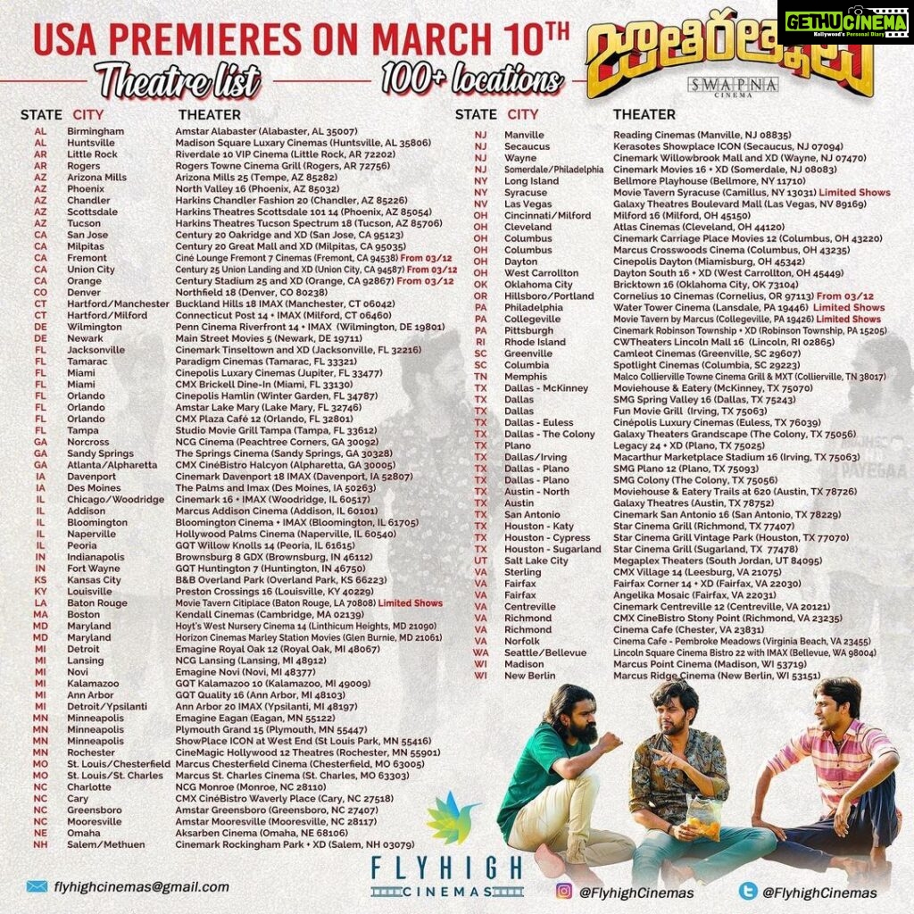 Naveen Instagram - #JathiRatnalu gets a huge release in America . American darling ratnalu please check your city screens. And book your tickets as soon as it opens up for the premieres on March 10th. Releasing in Australia and New Zealand also. Australians Swipe left to check your screens . Screens in India will also open up in the next couple of days . This is it guys #JathiRatnalu coming to you worldwide . Find your city in the list and Tag me and tell me where you are watching from ? Let’s spread some happiness and laughter