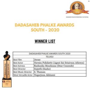 Naveen Instagram - Happy new year guys . Honoured to start the year by receiving the Best Actor award at the Dada Saheb Phalke awards South for Agent Sai Srinivasa Athreya . I have to thank my director @rsjswaroop for creating this wonderful character and giving me the opportunity to play it.  And I share this award with you guys. For all the love and support you have given me for Agent Sai Srinivasa Athreya from around the world . Will work harder and bring you much more exciting work in 2021. Jaathi Ratnalu is on its way. Thank you @dpiffsouth for this recognition. It means a lot #agentsaisrinivasaathreya #bestactor #happynewyear