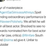 Naveen Instagram - 1 year since Agent Sai Srinivasa Athreya released. Wow. The power of audience. My job is to work hard on my craft. If awards are given great. But there is no greater award than this kind of love and support from u guys. Together we will do great things. The real stars my director @rsjswaroop ,our rock star producer @rahulyadavnakka if you liked the score by @mark_k_robin, the awesome camera work by @sunnykurapati , the awesome @shrutiisharmaa as Sneha , our editor Amit & entire team. It’s become the Most rated Telugu film on Prime. It’s at No 7 in Imdb top 50 Telugu films of all time. If u haven’t seen Agent yet meeru naaku konchem takkuva call cheyandi ra. My next film Jaathi ratnalu ki Baddalu aipoye background music, special effects chala unnayi. Memu plan chestunamu Corona ni champesi vacheyandi brother. AlaTheatresLo #1YearForASSA #AgentSaiSrinivasaAthreya