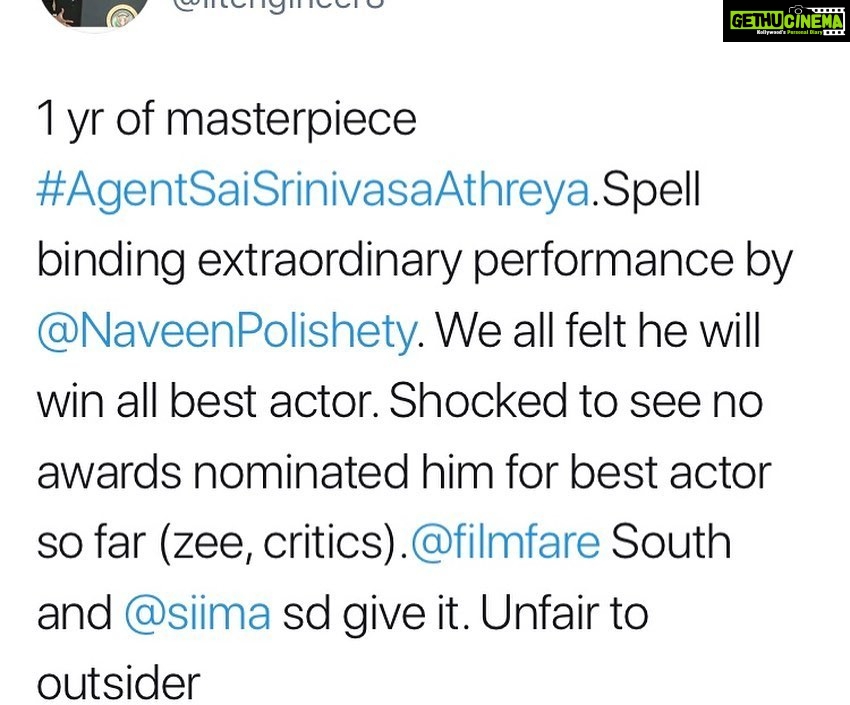 Naveen - 131.5K Likes - 1 year since Agent Sai Srinivasa Athreya released. Wow. The power of audience. My job is to work hard on my craft. If awards are given great. But there is no greater award than this kind of love and support from u guys. Together we will do great things. The real stars my director @rsjswaroop ,our rock star producer @rahulyadavnakka if you liked the score by @mark_k_robin, the awesome camera work by @sunnykurapati , the awesome @shrutiisharmaa as Sneha , our editor Amit & entire team. It’s become the Most rated Telugu film on Prime. It’s at No 7 in Imdb top 50 Telugu films of all time. If u haven’t seen Agent yet meeru naaku konchem takkuva call cheyandi ra. My next film Jaathi ratnalu ki Baddalu aipoye background music, special effects chala unnayi. Memu plan chestunamu Corona ni champesi vacheyandi brother. AlaTheatresLo #1YearForASSA #AgentSaiSrinivasaAthreya
