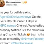 Naveen Instagram - 1 year since Agent Sai Srinivasa Athreya released. Wow. The power of audience. My job is to work hard on my craft. If awards are given great. But there is no greater award than this kind of love and support from u guys. Together we will do great things. The real stars my director @rsjswaroop ,our rock star producer @rahulyadavnakka if you liked the score by @mark_k_robin, the awesome camera work by @sunnykurapati , the awesome @shrutiisharmaa as Sneha , our editor Amit & entire team. It’s become the Most rated Telugu film on Prime. It’s at No 7 in Imdb top 50 Telugu films of all time. If u haven’t seen Agent yet meeru naaku konchem takkuva call cheyandi ra. My next film Jaathi ratnalu ki Baddalu aipoye background music, special effects chala unnayi. Memu plan chestunamu Corona ni champesi vacheyandi brother. AlaTheatresLo #1YearForASSA #AgentSaiSrinivasaAthreya