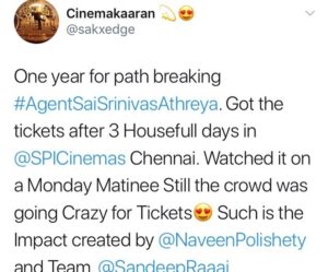 Naveen Instagram - 1 year since Agent Sai Srinivasa Athreya released. Wow. The power of audience. My job is to work hard on my craft. If awards are given great. But there is no greater award than this kind of love and support from u guys. Together we will do great things. The real stars my director @rsjswaroop ,our rock star producer @rahulyadavnakka if you liked the score by @mark_k_robin, the awesome camera work by @sunnykurapati , the awesome @shrutiisharmaa as Sneha , our editor Amit & entire team. It’s become the Most rated Telugu film on Prime. It’s at No 7 in Imdb top 50 Telugu films of all time. If u haven’t seen Agent yet meeru naaku konchem takkuva call cheyandi ra. My next film Jaathi ratnalu ki Baddalu aipoye background music, special effects chala unnayi. Memu plan chestunamu Corona ni champesi vacheyandi brother. AlaTheatresLo #1YearForASSA #AgentSaiSrinivasaAthreya