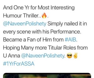 Naveen Instagram - 1 year since Agent Sai Srinivasa Athreya released. Wow. The power of audience. My job is to work hard on my craft. If awards are given great. But there is no greater award than this kind of love and support from u guys. Together we will do great things. The real stars my director @rsjswaroop ,our rock star producer @rahulyadavnakka if you liked the score by @mark_k_robin, the awesome camera work by @sunnykurapati , the awesome @shrutiisharmaa as Sneha , our editor Amit & entire team. It’s become the Most rated Telugu film on Prime. It’s at No 7 in Imdb top 50 Telugu films of all time. If u haven’t seen Agent yet meeru naaku konchem takkuva call cheyandi ra. My next film Jaathi ratnalu ki Baddalu aipoye background music, special effects chala unnayi. Memu plan chestunamu Corona ni champesi vacheyandi brother. AlaTheatresLo #1YearForASSA #AgentSaiSrinivasaAthreya