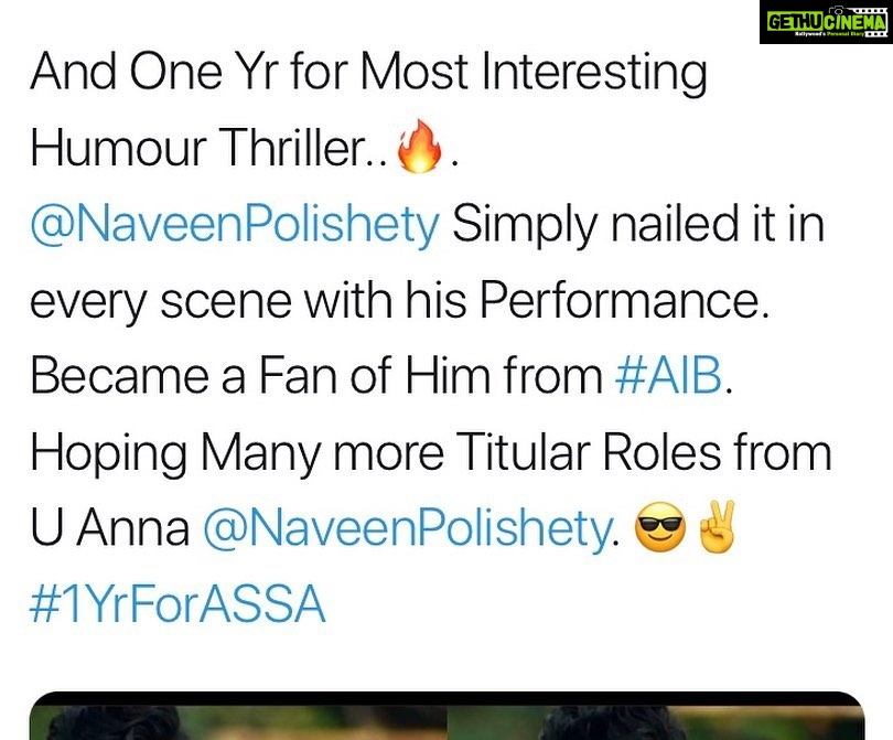 Naveen - 131.5K Likes - 1 year since Agent Sai Srinivasa Athreya released. Wow. The power of audience. My job is to work hard on my craft. If awards are given great. But there is no greater award than this kind of love and support from u guys. Together we will do great things. The real stars my director @rsjswaroop ,our rock star producer @rahulyadavnakka if you liked the score by @mark_k_robin, the awesome camera work by @sunnykurapati , the awesome @shrutiisharmaa as Sneha , our editor Amit & entire team. It’s become the Most rated Telugu film on Prime. It’s at No 7 in Imdb top 50 Telugu films of all time. If u haven’t seen Agent yet meeru naaku konchem takkuva call cheyandi ra. My next film Jaathi ratnalu ki Baddalu aipoye background music, special effects chala unnayi. Memu plan chestunamu Corona ni champesi vacheyandi brother. AlaTheatresLo #1YearForASSA #AgentSaiSrinivasaAthreya