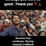Naveen Instagram - #MissShettyMrPolishetty success tour continues from India. Started with Chicago . Thank you so much for all the love Chicago. Next up New Jersey and Times Square New York tonight. Be there for laughs and hugs to celebrate this blockbuster. Follow @prathyangiraus for the tour schedule . Racing towards 2 million. Book you tickets for the weekend now and come say hi ❤️❤️🙏