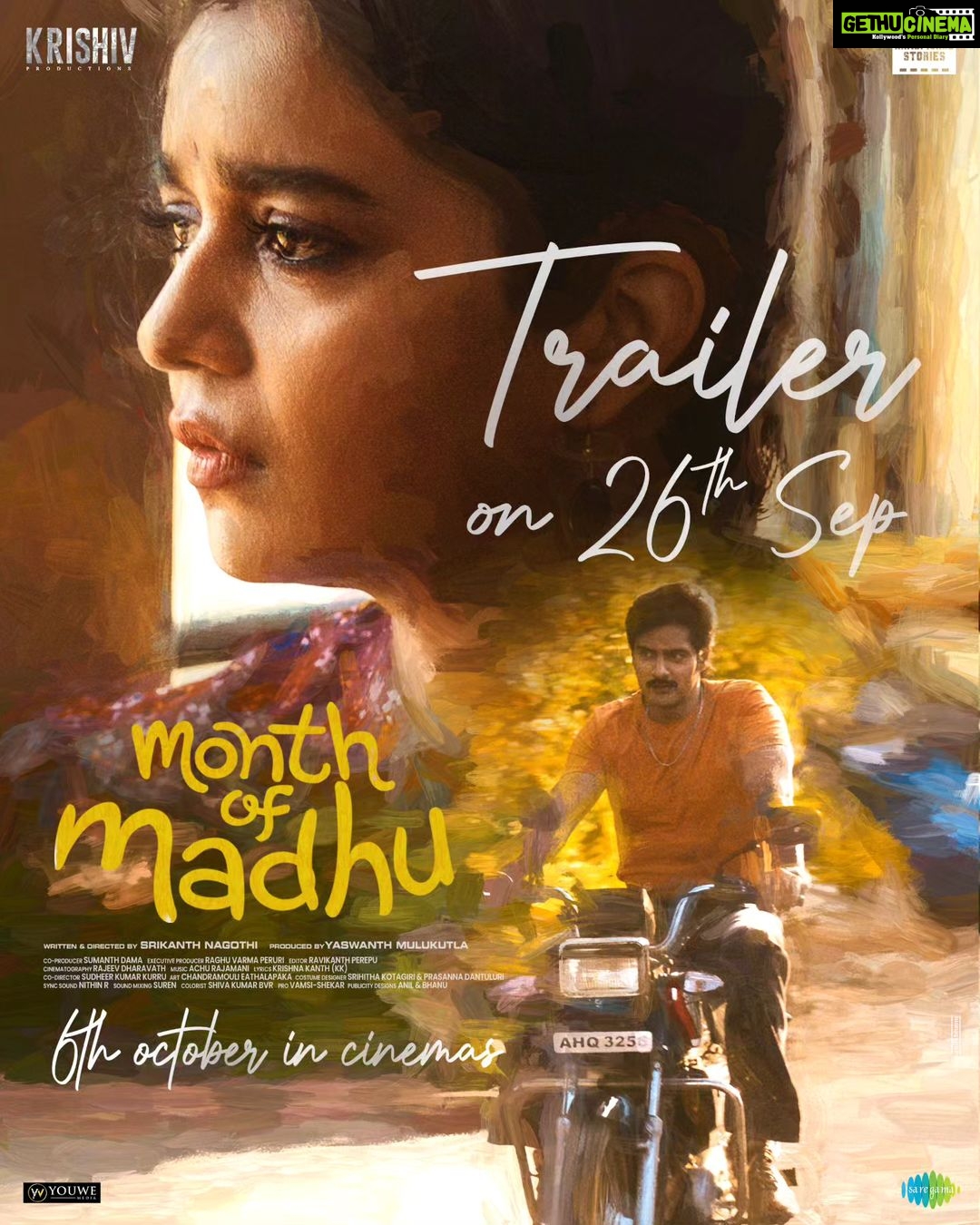 Naveen Chandra Instagram - Guys can't wait you all to watch the trailer.Excited!!β₯οΈπ΅πΆ Get ready for the most honest love story ever β€οΈ #MonthOfMadhu Theatrical Trailer out on September 26th β€οΈβπ₯β€οΈβπ₯ Grand Release Worldwide on 6th October π @naveenchandra212 @swati194 @shreya_navile @harshachemudu @srikanth_nagothi @yash_9 @sumanth_dama @raghu_varma_peruri @raviperepu @rajeevdharavath @director_sudheer_k_k @kk_writer1 @chandramouli_eathalapaka @srihithakotagiri @rekhaboggarapu @prasanna.dantuluri @murdrfce @anilandbhanu @manjulaghattamaneni @gnaneswari_kandregula @raja.chembolu @ruchithasadineni @mouryasiddavaram @rudraghav @ravis.mantha @kalyan_santhosh8 @chaitu_babu @bhooshan_boo @dil_is_here @ashwin89d @vinodbangarri @vijayanands_ @k_balakrishna_reddy @varkey91 @jitindavid @cophixbeauty @krishivproductions @saregamatelugu @youwemediamonthofmadhu