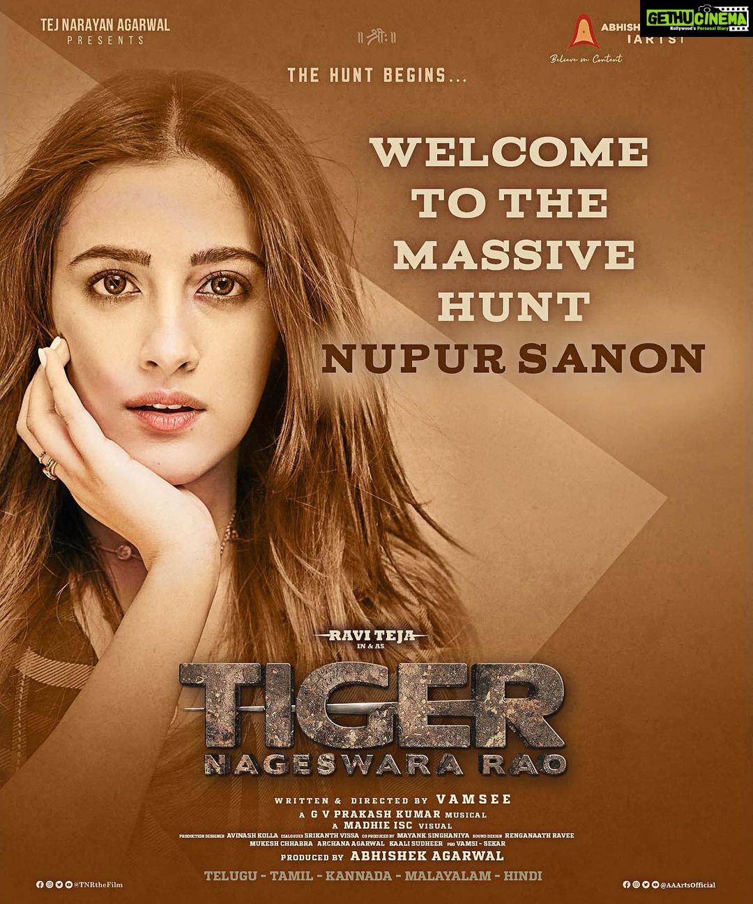 Nupur Sanon Instagram - Thrilled to announce that I will be joining @raviteja_2628 sir for the Massive Hunt in #TigerNageswaraRao π₯ My first ever Pan India Filmππ»π― Letβs do this biggg! π₯π§Ώπππ» @dirvamsikrishna @abhishekofficl @gvprakash @madhie1 @kollaavinash @srikanth_vissa @mayank_singhaniya @aaartsofficial @ursvamsishekar @castingchhabra @tnrthefilm