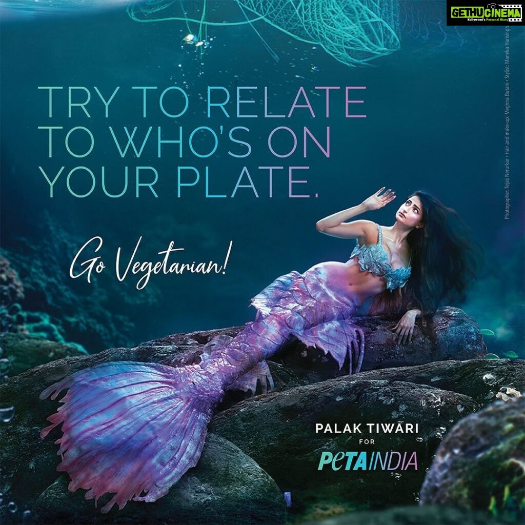 Palak Tiwari Instagram - Making a splash for Vegetarian Awareness Month with @PetaIndia. 🐟 Leave fish in their ocean homes and embrace a kinder plate! 🌱 #VegetarianAwarenessMonth #FriendsNotFood #PalakTiwariForPETAIndia #PeeTee Ad shot by @tejasnerurkarr, hair and make-up by @meghnabutanihairandmakeup and styling by @manekaharisinghani