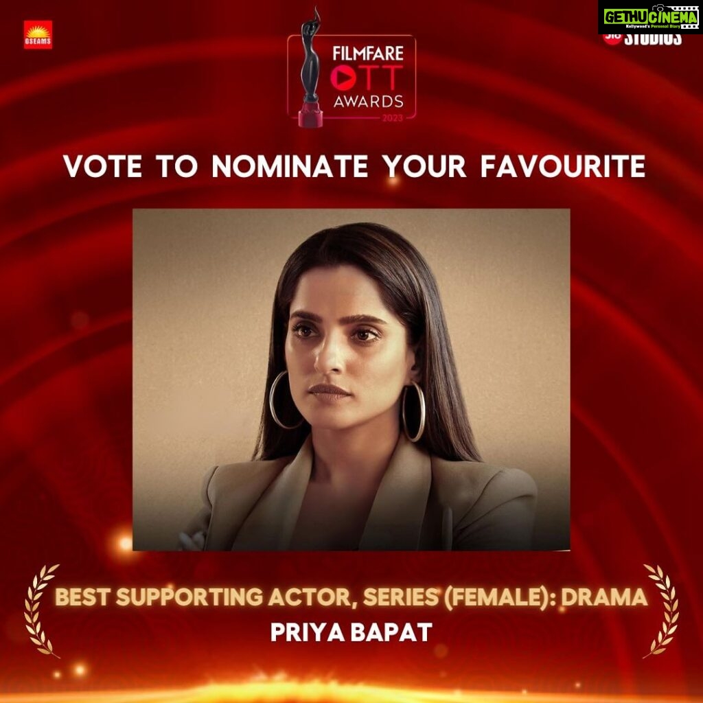 Priya Bapat Instagram - The incredible, @priyabapat is in the running for nominations with Rafuchakkar! Join us in securing her place in the final nominations for the "Best Supporting Actor, Series ( Female): Drama" category at the upcoming @filmfare OTT Awards 2023. Click the link in Bio to cast your vote in support of Priya: Vote for Priya Bapat in Rafuchakkar - Best Supporting Actor, Series ( Female): Drama - Link in Bio #GSEAMS #PriyaBapat #RafuchakkarNomination #VoteForPriyaBapat #FilmfareOTTAwards #bestsupportingactress #supportrafuchakkar #awardnomination #votenow #OTTExcellence #RafuchakkarSeries #Filmfare2023 #nominaterafuchakkar #showyoursupport #priyaforthewin #OTTEntertainment #voteandwin