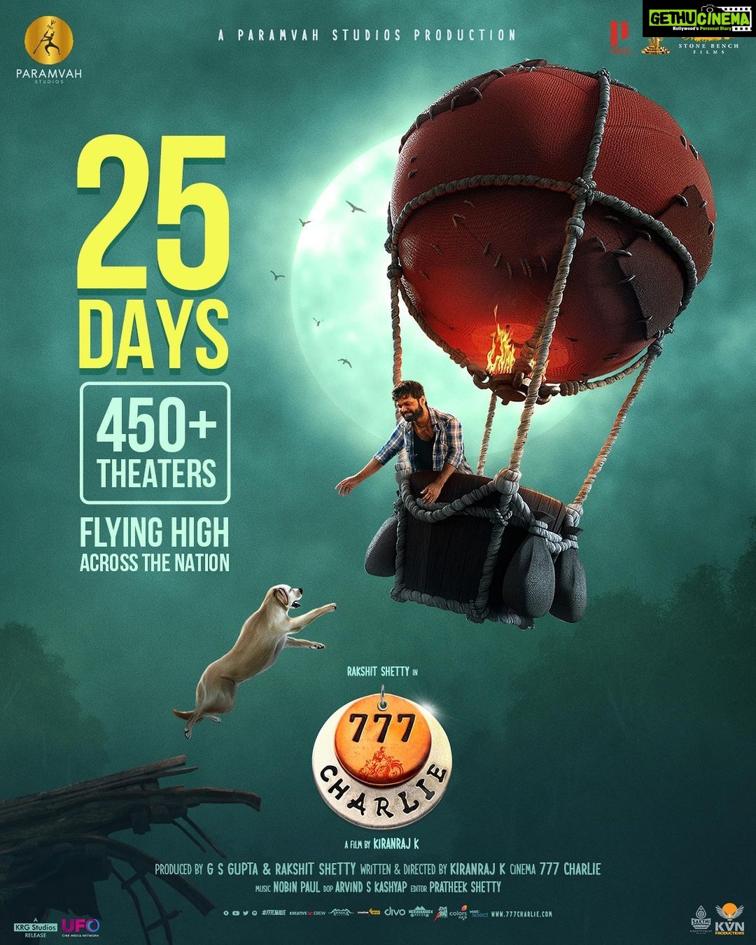 Rakshit Shetty Instagram - Faith and gratitude has made this day possible! Reveling in 25 days of your love😊 #777Charlie @kiranraj_k @therealprithvi @ksubbaraj @ranadaggubati @rajbshetty @iamsangeethasringeri @actorsimha @danishsait @nobinpaul @pratheek_darkbirdfilms @arvindskash @dk9pramod @paramvah_studios @prithvirajproductions @stonebenchers @sureshproductions @krgstudios @ufomoviez @creative_guyz