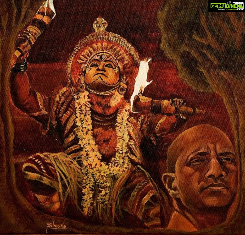Rishab Shetty Instagram - KANTARA 🔥 The concept indulged in this painting is , Even if the way of approaching is different (as daiva & forest officer) the root remains same ! @rishabshettyofficial @sapthami_gowda @hombalefilms @rajbshetty @kantarafilm @actorkishore @pragathirishabshetty #kantara #kantaramovie #daivaradhane #panjurli #mangalore #art #artist #painting #paint #canvaspainting