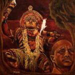 Rishab Shetty Instagram - KANTARA 🔥 The concept indulged in this painting is , Even if the way of approaching is different (as daiva & forest officer) the root remains same ! @rishabshettyofficial @sapthami_gowda @hombalefilms @rajbshetty @kantarafilm @actorkishore @pragathirishabshetty #kantara #kantaramovie #daivaradhane #panjurli #mangalore #art #artist #painting #paint #canvaspainting