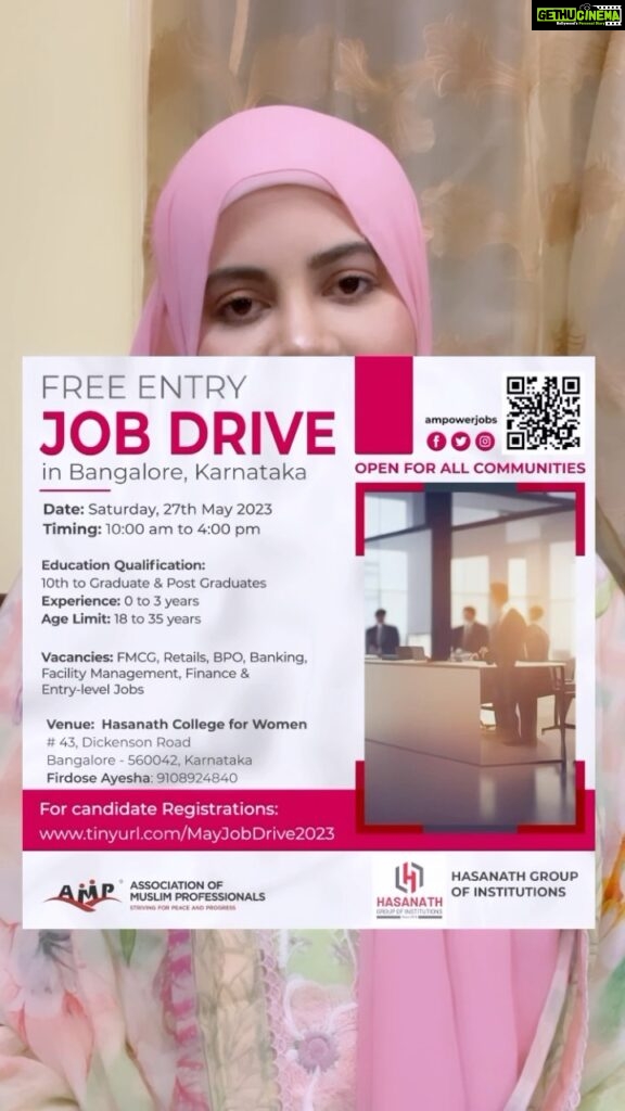 Sahar Afsha Instagram - Association of Muslim Professionals (AMP)*, in association with *Hasanath College for Women* is organizing a Free Mega Job Drive for the unemployed youth of Bangalore and nearby cities. *Day & Date*: Saturday, 27th May 2023 *Timing*: 10 AM - 4 PM *Job Vacancies*: FMCG, Retail, Hospitality, BPO, Banking, Facility Management, Finance, Health Care & other entry-level jobs *Candidate Qualification*: X & XII Pass, Graduates & Post Graduates *Eligibility Criteria*: Age - Minimum 18 years, Freshers & Experienced, both can apply. *Venue*: *Hasanath College for Women* # 43, Dickenson Road Bangalore-560042, Karnataka *Contact Person*:- Firdaus Ayesha 9108924840 Companies Sodexo Curefoods Airtel Paytm ICICI Reliance Digital / Trends Sukino Healthcare 2050 Healthcare Kotak Mahindra