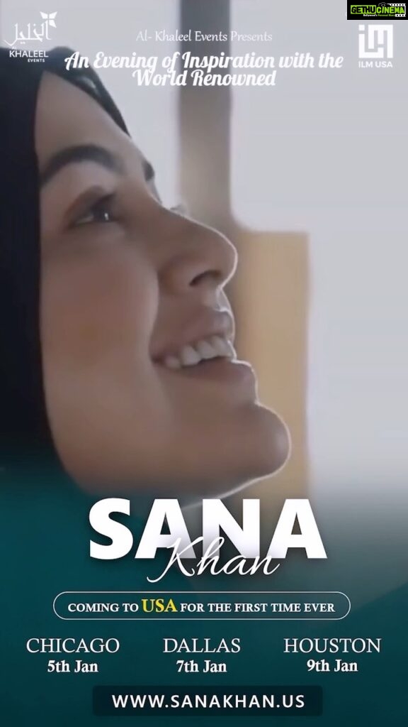 Sana Khan Instagram - 🇺🇸 Chicago! Dallas! Houston! Are we ready?! The World Renowned Sana Khan (Former Bollywood Actress) is coming to you! For the VERY FIRST TIME EVER! From Bollywood to Islam; Get Ready for an EPIC Evening of Inspiration. 📍 Chicago ~ 5th Jan 📍 Dallas ~ 7th Jan 📍 Houston ~ 9th Jan Reserve your seat NOW via: www.SANAKHAN.us Hosted by @alkhaleelinstitute Events, in partnership with @ilmukcharity #usa #sanakhan #events #chicago #dallas #houston #newyork #usa🇺🇸 #bollywoodtoislam @sanakhaan21 @anas_saiyad20