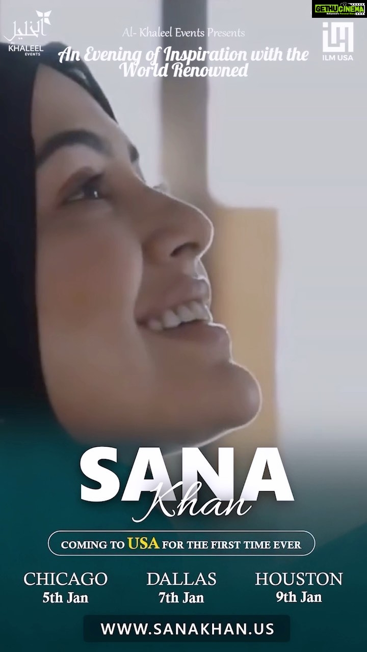 Sana Khan Instagram - πΊπΈ Chicago! Dallas! Houston! Are we ready?! The World Renowned Sana Khan (Former Bollywood Actress) is coming to you! For the VERY FIRST TIME EVER! From Bollywood to Islam; Get Ready for an EPIC Evening of Inspiration. π Chicago ~ 5th Jan π Dallas ~ 7th Jan π Houston ~ 9th Jan Reserve your seat NOW via: www.SANAKHAN.us Hosted by @alkhaleelinstitute Events, in partnership with @ilmukcharity #usa #sanakhan #events #chicago #dallas #houston #newyork #usaπΊπΈ #bollywoodtoislam @sanakhaan21 @anas_saiyad20