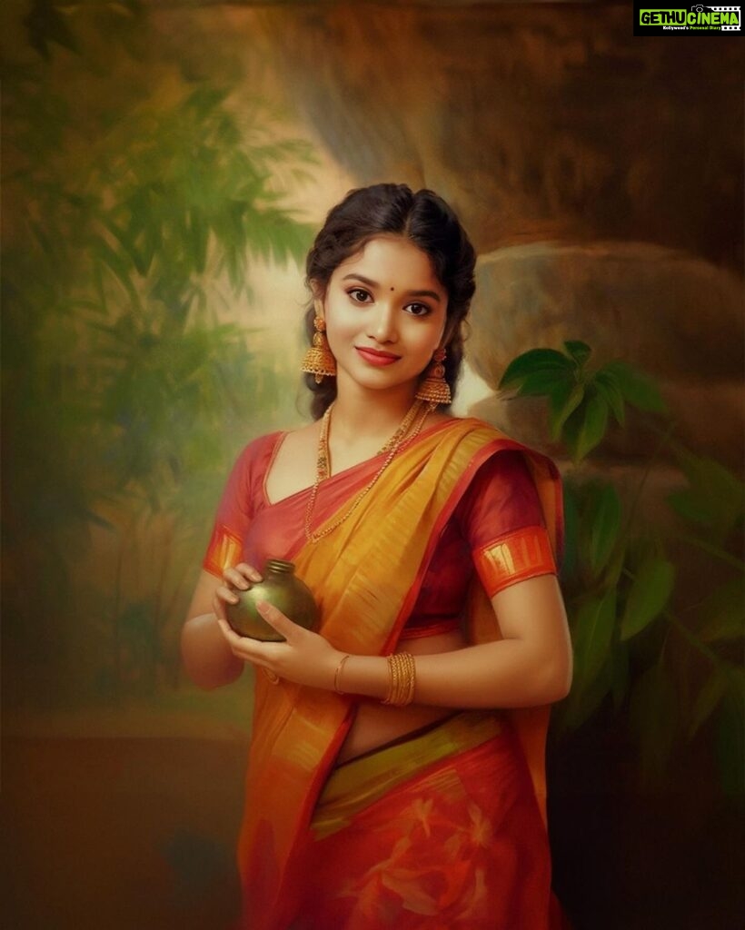 Sanjana Tiwari Instagram - In the echo of Raja Ravi Varma's strokes, @sanjanatiwari_ shines as a modern-day muse. A tribute to timeless artistry. ✨ Designed by @jayprints #midjourney #aiartcommunity #generativeart #futuristic #midjourneyart #aiartwork #aiart #thegraphicsprOject #d_expo #portrait #kerala #india #love #tamil #women #saree #indianbride #indianculture #indianactress #tamilactress #odissi #bharatanatyam #classicaldance #rajaravivarma #ravivarma